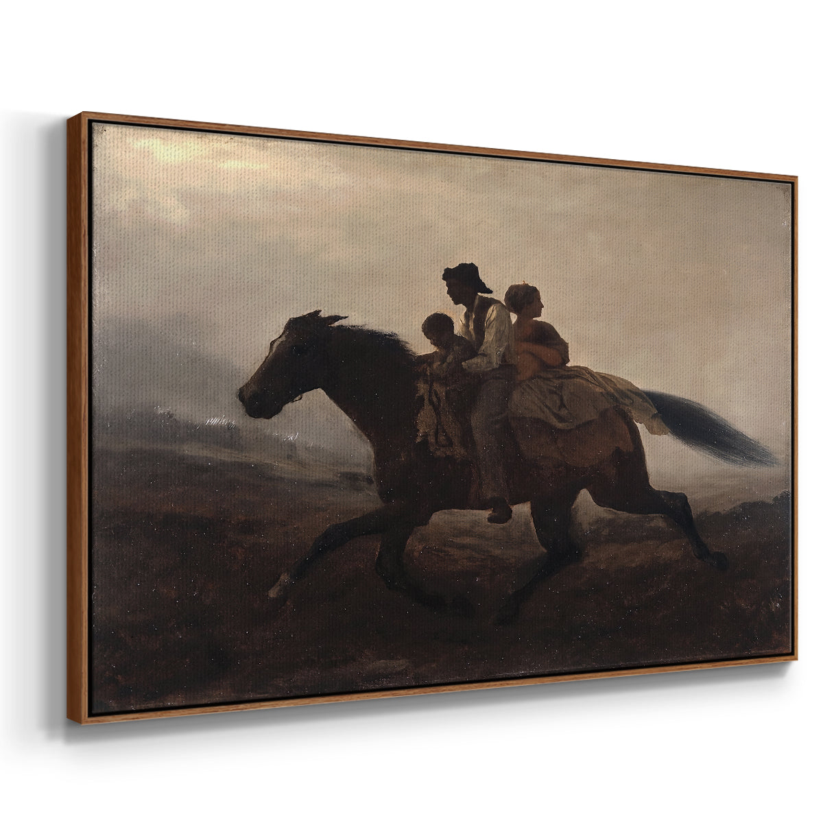 Angled view of A Ride for Liberty – The Fugitive Slaves, c. 1862 by Eastman Johnson in a walnut floater framed canvas.