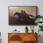 A Ride for Liberty – The Fugitive Slaves, c. 1862 by Eastman Johnson in a walnut floater framed canvas featuring a family riding horseback through night escaping across landscape, displayed above a wood console cabinet.