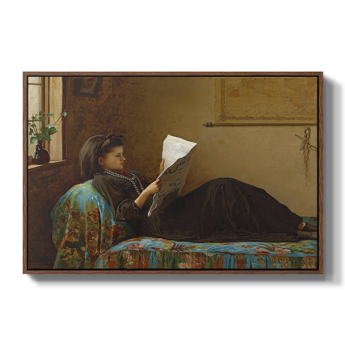 Interesting News, 1872 by Eastman Johnson in a walnut floater framed canvas wall art display.