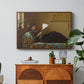 Interesting News, 1872 by Eastman Johnson in a walnut floater framed canvas featuring a group of people gathered indoors reading newspaper together, displayed above a wood console cabinet.