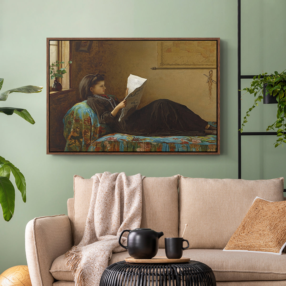 Walnut floater framed canvas featuring a casual gathering around newspaper in rustic room, displayed above a sofa in a modern living room.