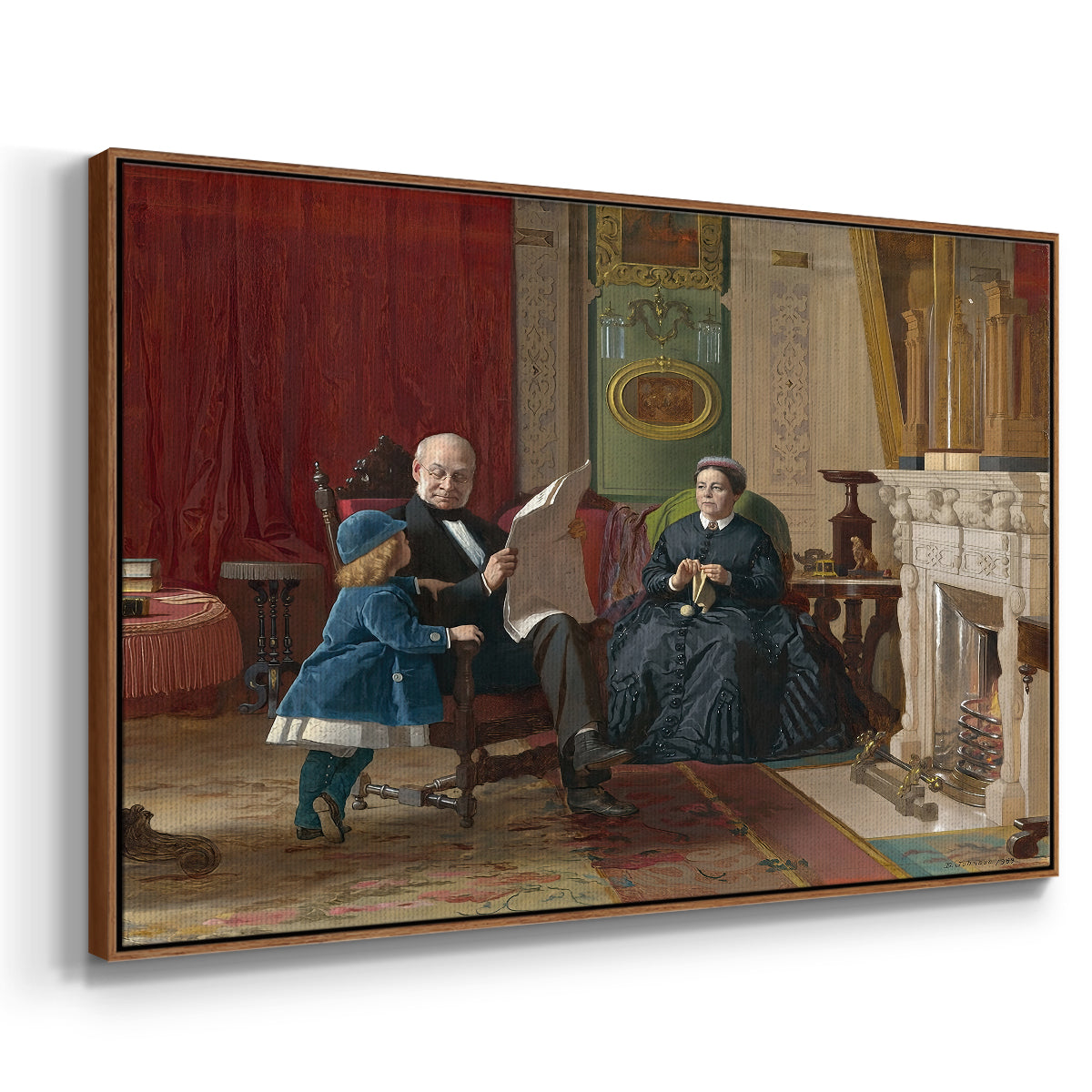 Angled view of The Brown Family, 1869 by Eastman Johnson in a walnut floater framed canvas.