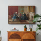 The Brown Family, 1869 by Eastman Johnson in a walnut floater framed canvas featuring a family seated together in interior room engaged in quiet activity, displayed above a wood console cabinet.