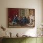Walnut floater framed canvas of The Brown Family, 1869 by Eastman Johnson, featuring a domestic portrait of group gathered in modest home setting above a sideboard in a softly lit hallway.