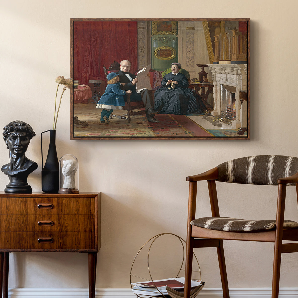 The Brown Family, 1869 by Eastman Johnson as a walnut floater framed canvas featuring an Americana scene with figures sitting and interacting indoors, styled above a mid-century console in a contemporary living area.