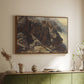 Walnut floater framed canvas of High Mountain Study, c. 1870 by Edward Theodore Compton, featuring a detailed study of rugged mountain landscape with sharp contours above a sideboard in a softly lit hallway.
