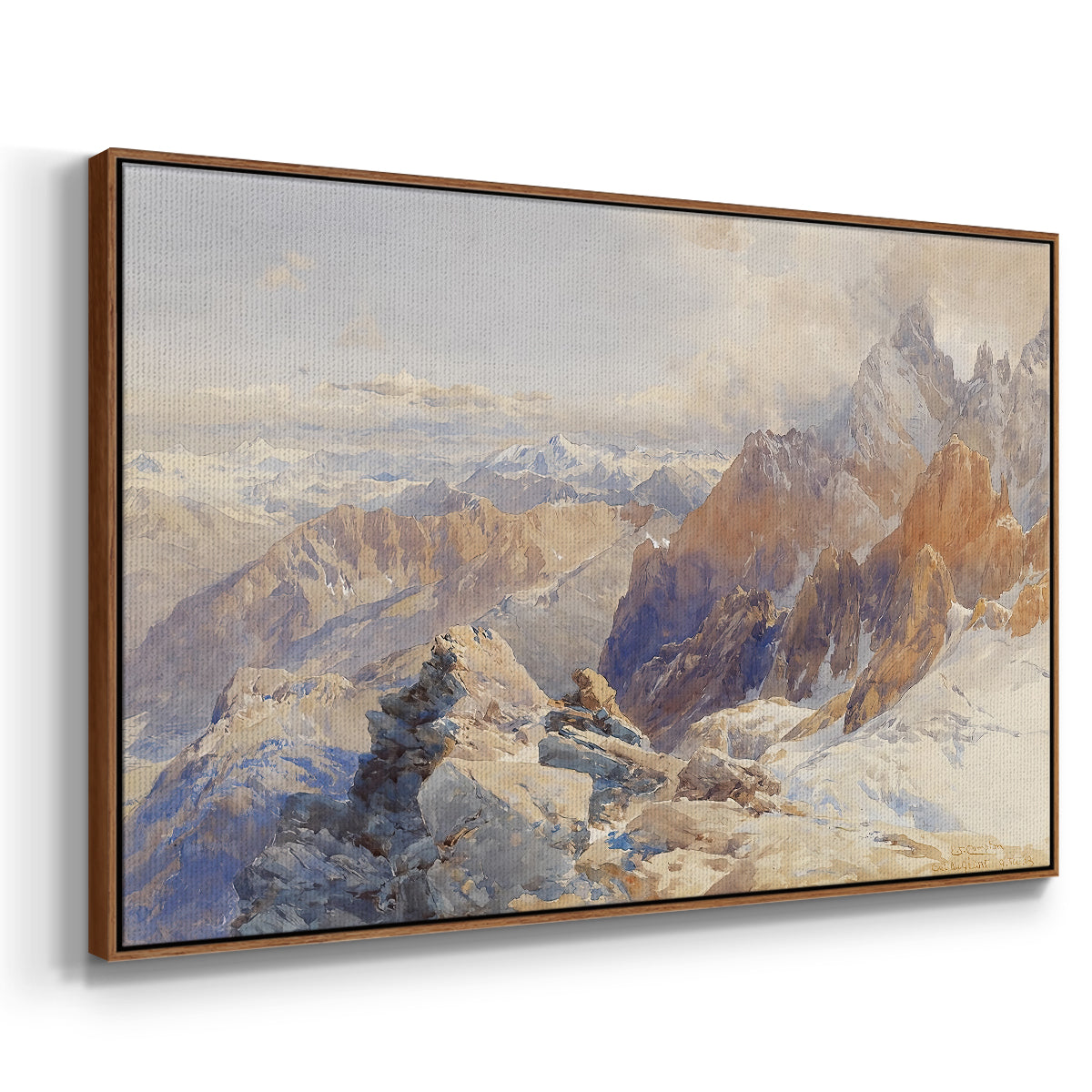 Angled view of Col du Géant, 1903 by Edward Theodore Compton in a walnut floater framed canvas.