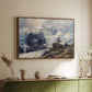 Walnut floater framed canvas of The Grossglockner, 1880 by Edward Theodore Compton, featuring a dramatic mountain summit with snow and rugged slopes above a sideboard in a softly lit hallway.