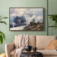 Walnut floater framed canvas featuring an alpine peak dominating surrounding terrain, displayed above a sofa in a modern living room.
