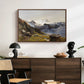 The Großglockner from the Prager Hut, 1890 by Edward Theodore Compton displayed in a walnut floater framed canvas above a dark wood credenza in an entryway.