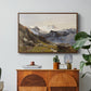 The Großglockner from the Prager Hut, 1890 by Edward Theodore Compton in a walnut floater framed canvas featuring a view of Großglockner peak from alpine hut overlooking valley, displayed above a wood console cabinet.