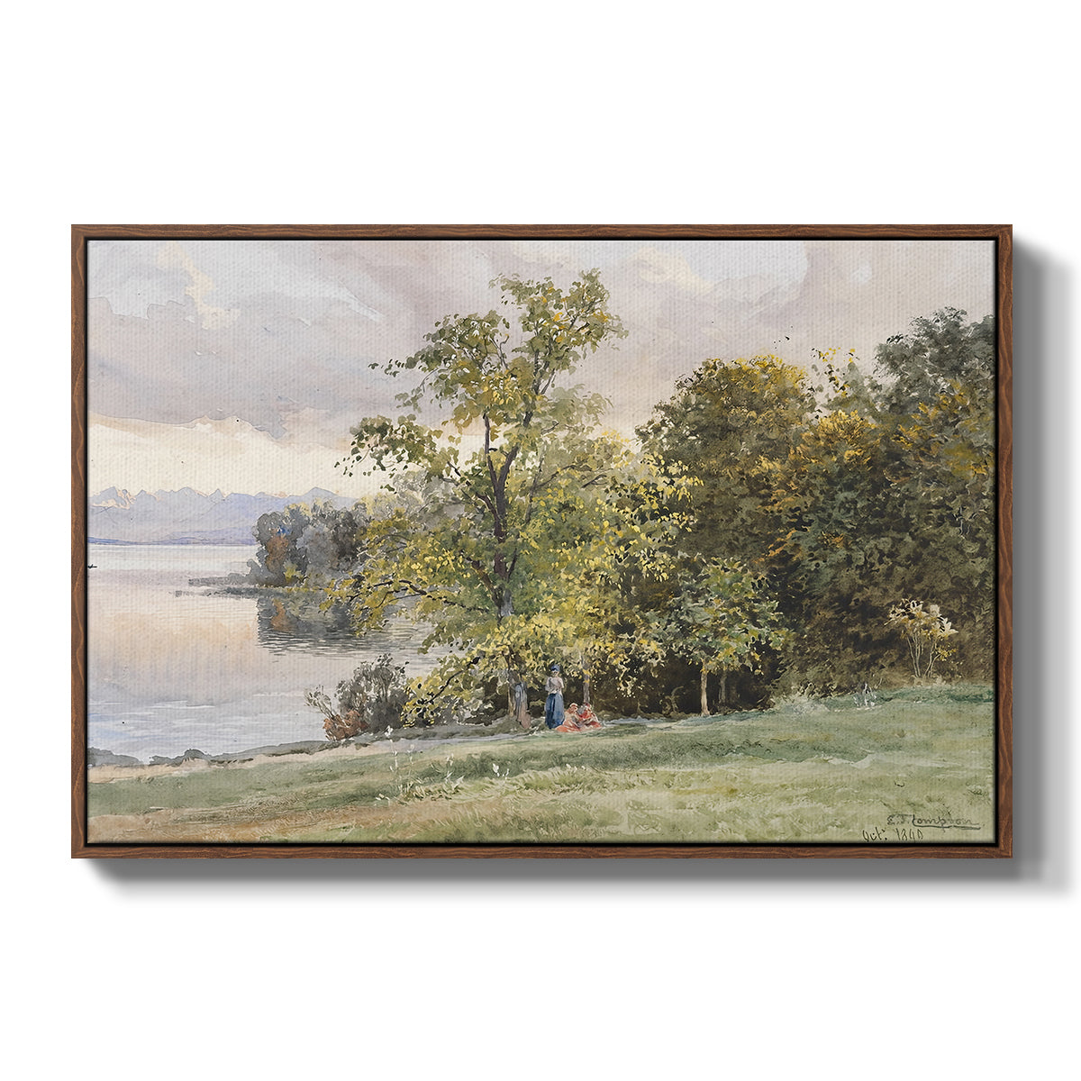 Landscape at Lake Starnberg, 1890 by Edward Theodore Compton in a walnut floater framed canvas wall art display.