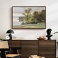 Landscape at Lake Starnberg, 1890 by Edward Theodore Compton displayed in a walnut floater framed canvas above a dark wood credenza in an entryway.