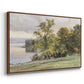 Angled view of Landscape at Lake Starnberg, 1890 by Edward Theodore Compton in a walnut floater framed canvas.