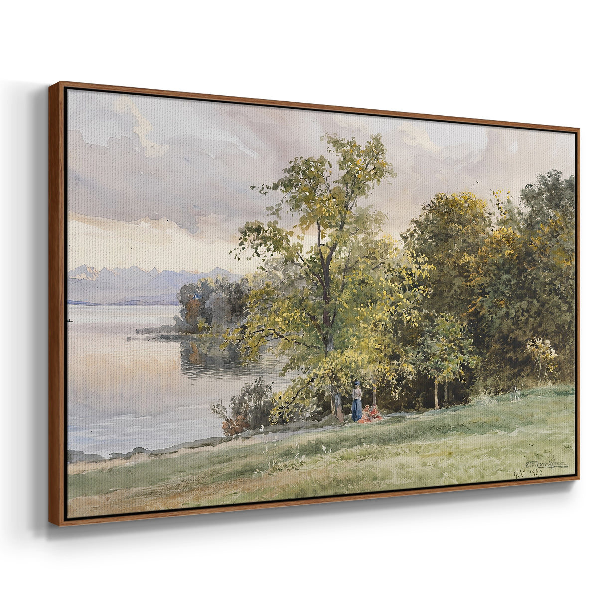 Angled view of Landscape at Lake Starnberg, 1890 by Edward Theodore Compton in a walnut floater framed canvas.