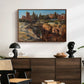 Palatine in Rome, c. 1921 by Edward Theodore Compton displayed in a walnut floater framed canvas above a dark wood credenza in an entryway.