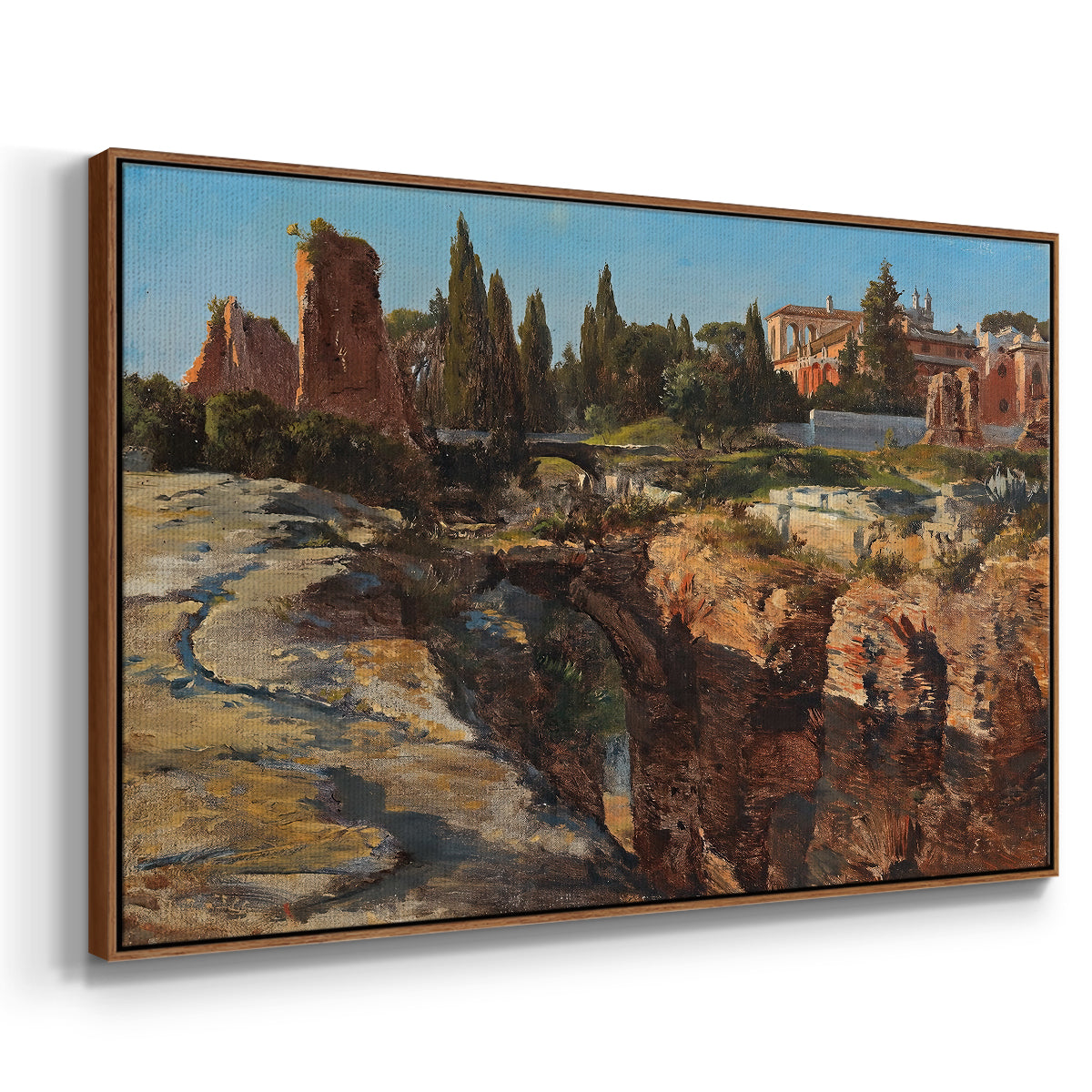 Angled view of Palatine in Rome, c. 1921 by Edward Theodore Compton in a walnut floater framed canvas.
