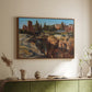 Walnut floater framed canvas of Palatine in Rome, c. 1921 by Edward Theodore Compton, featuring an architectural scene of ancient structures in sunlit environment above a sideboard in a softly lit hallway.