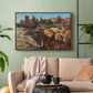 Walnut floater framed canvas featuring a detailed depiction of historic Roman architecture, displayed above a sofa in a modern living room.