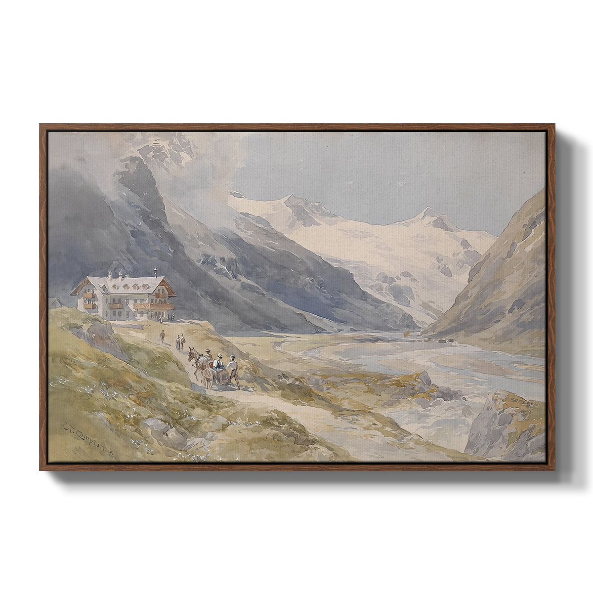 Shepherds (Pasterze), c. 1921 by Edward Theodore Compton in a walnut floater framed canvas wall art display.