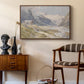 Shepherds (Pasterze), c. 1921 by Edward Theodore Compton as a walnut floater framed canvas featuring a rural alpine setting with shepherds and open terrain, styled above a mid-century console in a contemporary living area.