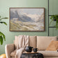 Walnut floater framed canvas featuring a natural landscape with human presence among mountains, displayed above a sofa in a modern living room.