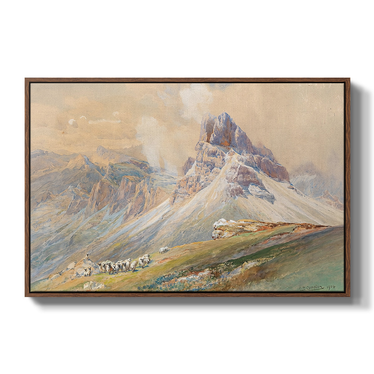 From the Dolomites, 1904 by Edward Theodore Compton in a walnut floater framed canvas wall art display.