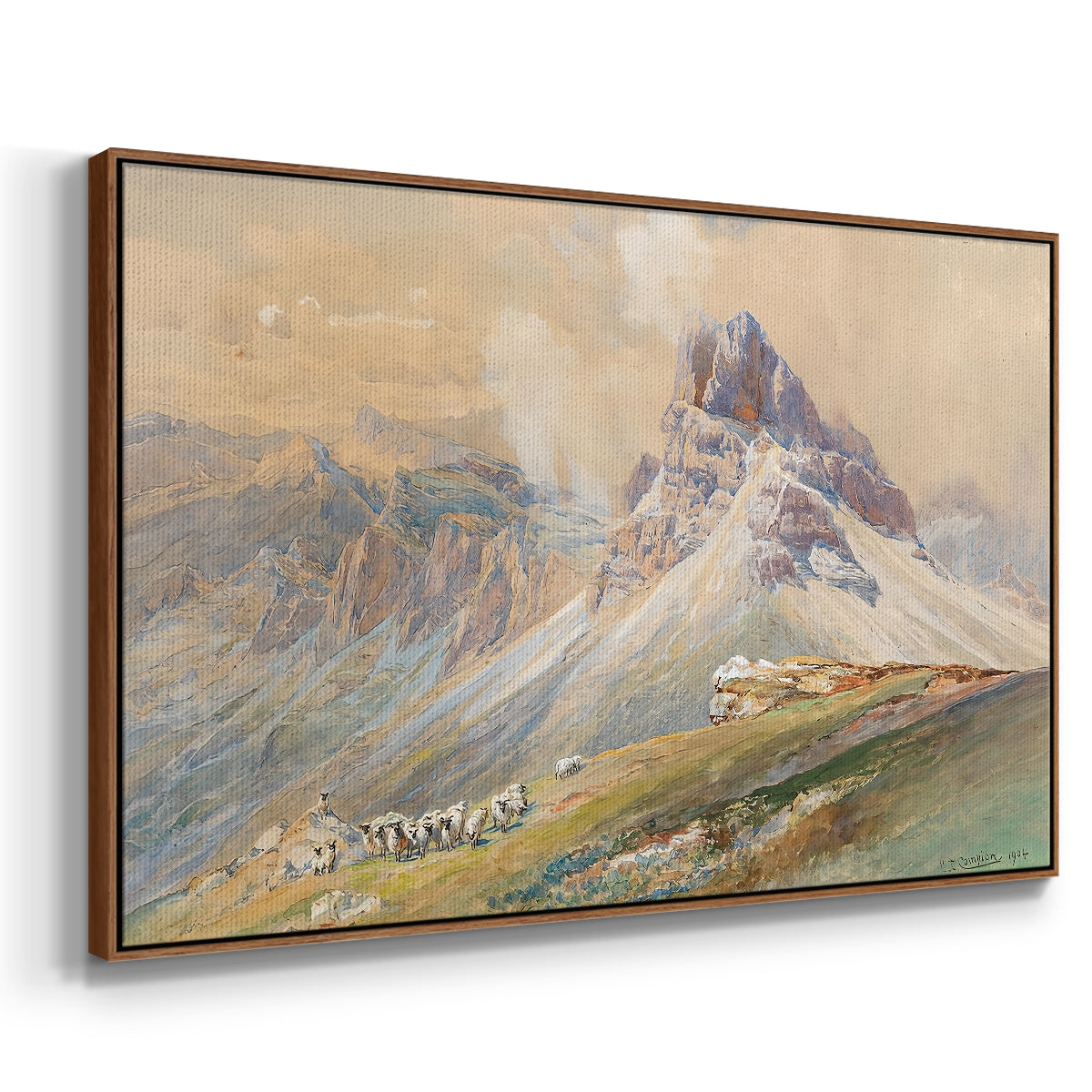 Angled view of From the Dolomites, 1904 by Edward Theodore Compton in a walnut floater framed canvas.