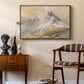 From the Dolomites, 1904 by Edward Theodore Compton as a walnut floater framed canvas featuring an expansive landscape featuring iconic Dolomite peaks, styled above a mid-century console in a contemporary living area.