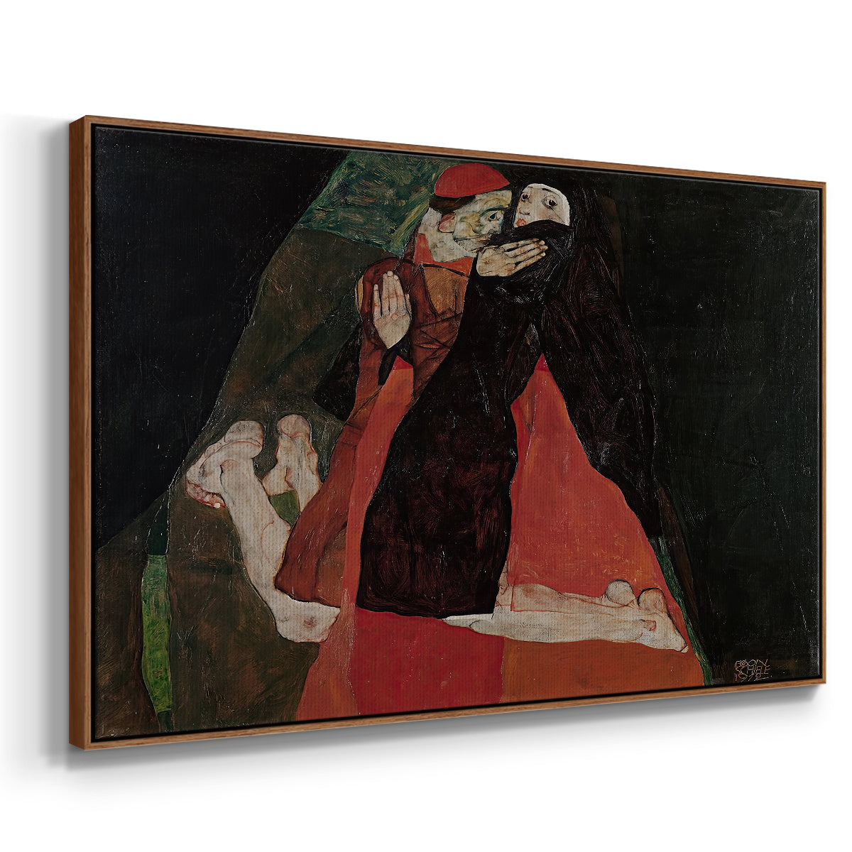Angled view of Cardinal and Nun (Caress), 1912 by Egon Schiele in a walnut floater framed canvas.
