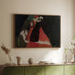 Walnut floater framed canvas of Cardinal and Nun (Caress), 1912 by Egon Schiele, featuring a cardinal and nun depicted in close emotional interaction above a sideboard in a softly lit hallway.
