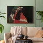 Walnut floater framed canvas featuring an intimate scene with religious figures in modernist style, displayed above a sofa in a modern living room.