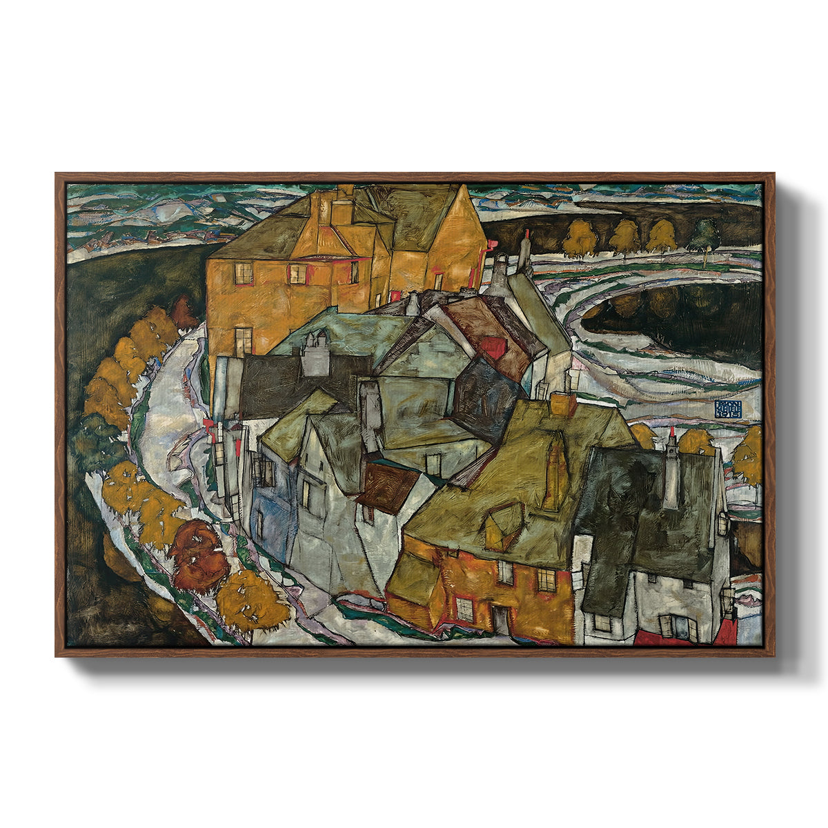 Crescent of Houses II (Island Town), 1915 by Egon Schiele in a walnut floater framed canvas wall art display.