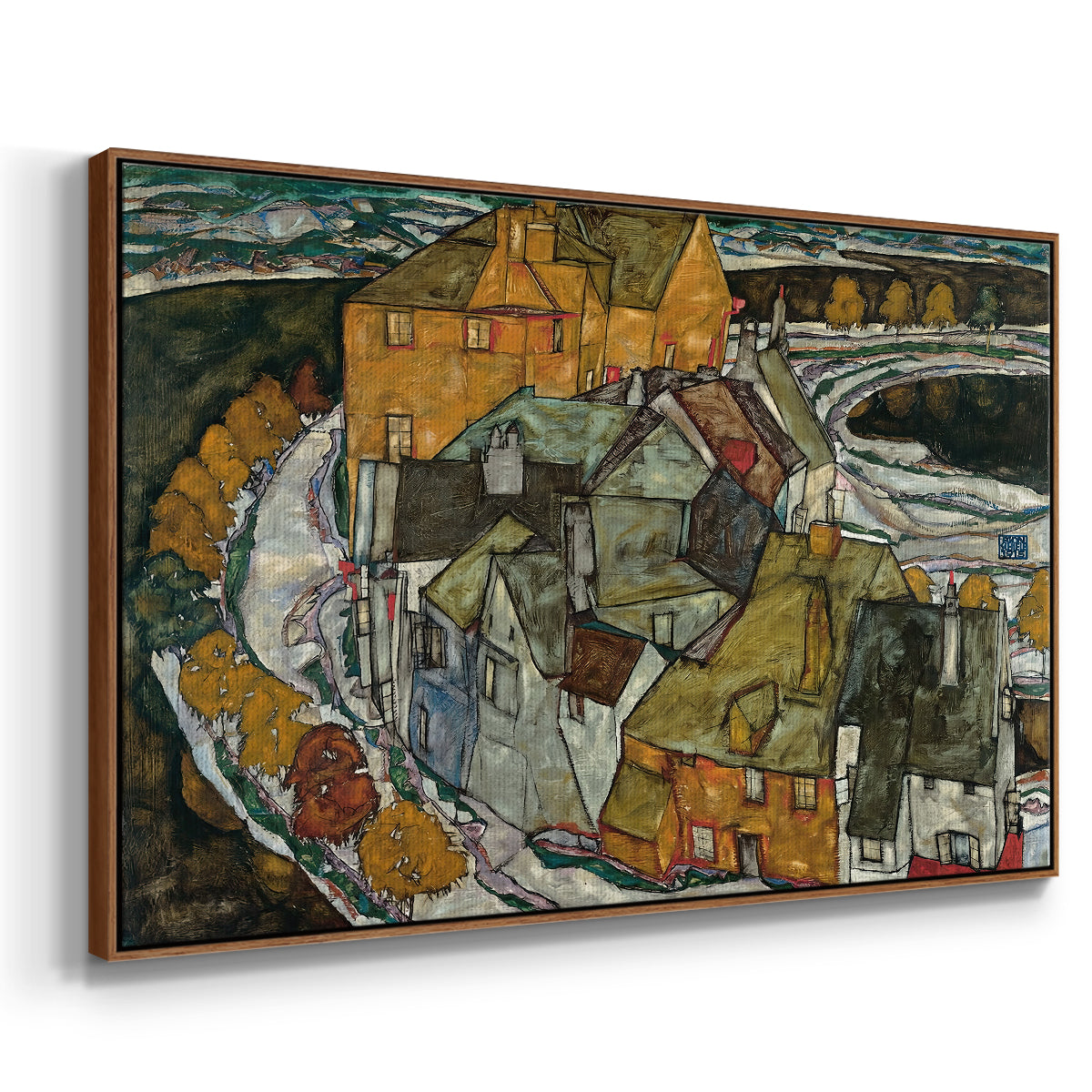 Angled view of Crescent of Houses II (Island Town), 1915 by Egon Schiele in a walnut floater framed canvas.