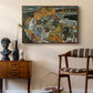 Crescent of Houses II (Island Town), 1915 by Egon Schiele as a walnut floater framed canvas featuring an expressionist depiction of island town with geometric forms, styled above a mid-century console in a contemporary living area.