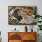 Death and the Maiden, 1915 by Egon Schiele in a walnut floater framed canvas featuring intertwined figures representing death and woman in emotional embrace, displayed above a wood console cabinet.