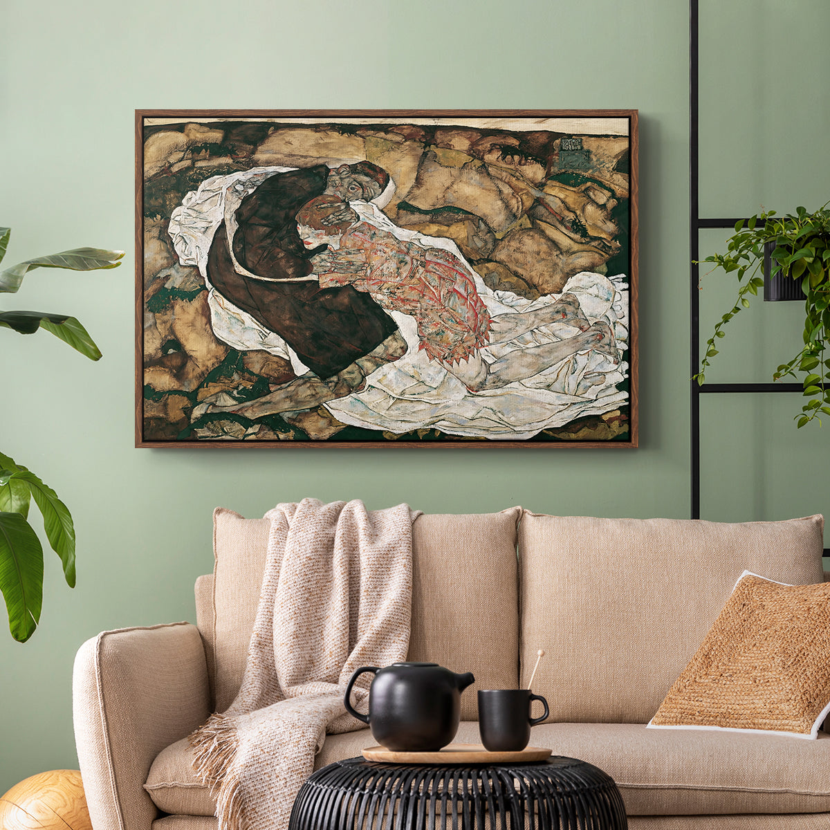 Walnut floater framed canvas featuring an intense composition exploring life and death through figures, displayed above a sofa in a modern living room.