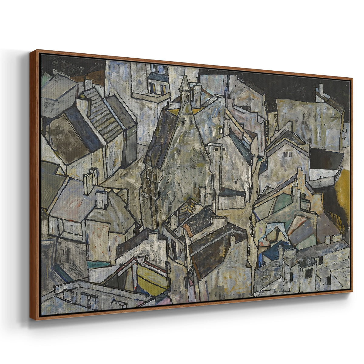 Angled view of Mödling II, 1918 by Egon Schiele in a walnut floater framed canvas.