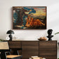 Earthbound, 1897 by Evelyn De Morgan displayed in a walnut floater framed canvas above a dark wood credenza in an entryway.