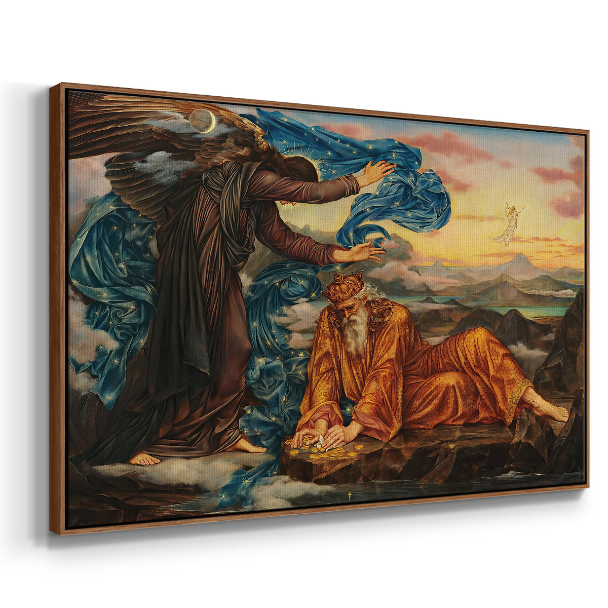 Angled view of Earthbound, 1897 by Evelyn De Morgan in a walnut floater framed canvas.