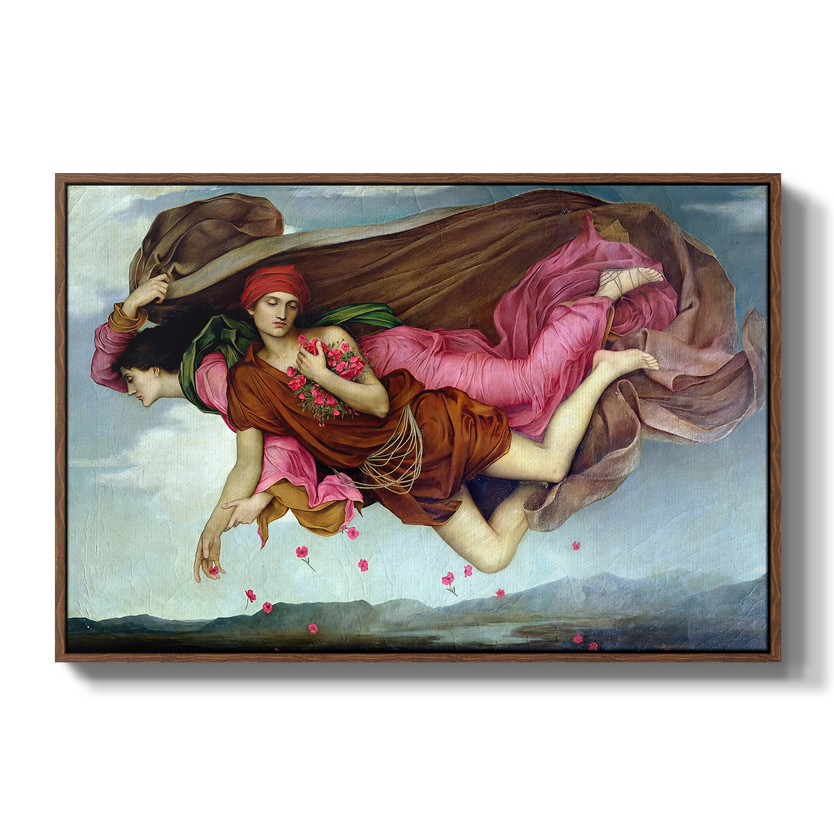 Night and Sleep, 1878 by Evelyn De Morgan in a walnut floater framed canvas wall art display.