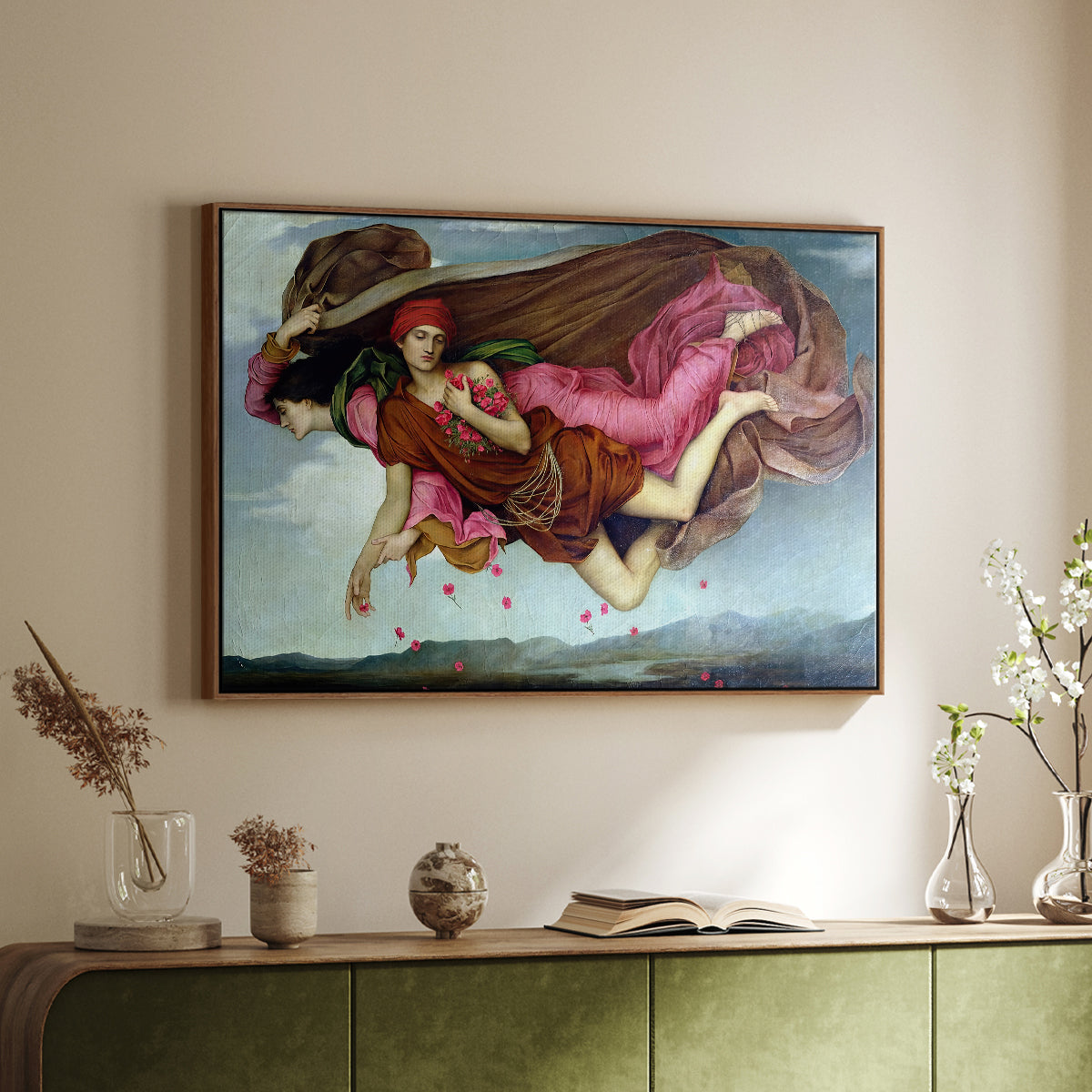 Walnut floater framed canvas of Night and Sleep, 1878 by Evelyn De Morgan, featuring a symbolic depiction of night and sleep as ethereal figures in motion above a sideboard in a softly lit hallway.