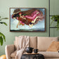 Walnut floater framed canvas featuring an allegorical painting of intertwined figures in celestial setting, displayed above a sofa in a modern living room.