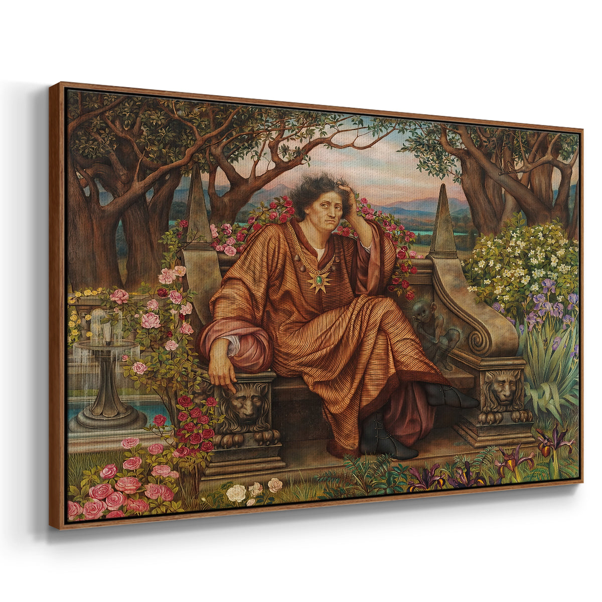 Angled view of A Soul in Hell, c. 1901-1902 by Evelyn De Morgan in a walnut floater framed canvas.