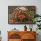 A Soul in Hell, c. 1901-1902 by Evelyn De Morgan in a walnut floater framed canvas featuring a distressed figure surrounded by flames and torment in symbolic hell scene, displayed above a wood console cabinet.