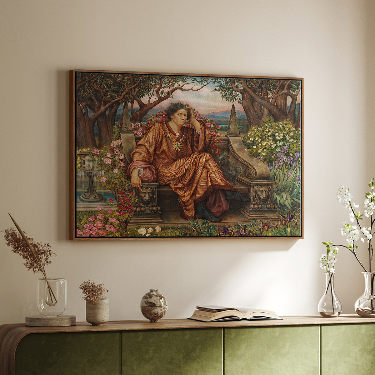 Walnut floater framed canvas of A Soul in Hell, c. 1901-1902 by Evelyn De Morgan, featuring a dramatic allegory of suffering with figure engulfed in fiery environment above a sideboard in a softly lit hallway.