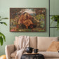 Walnut floater framed canvas featuring an emotional scene representing torment and spiritual struggle, displayed above a sofa in a modern living room.