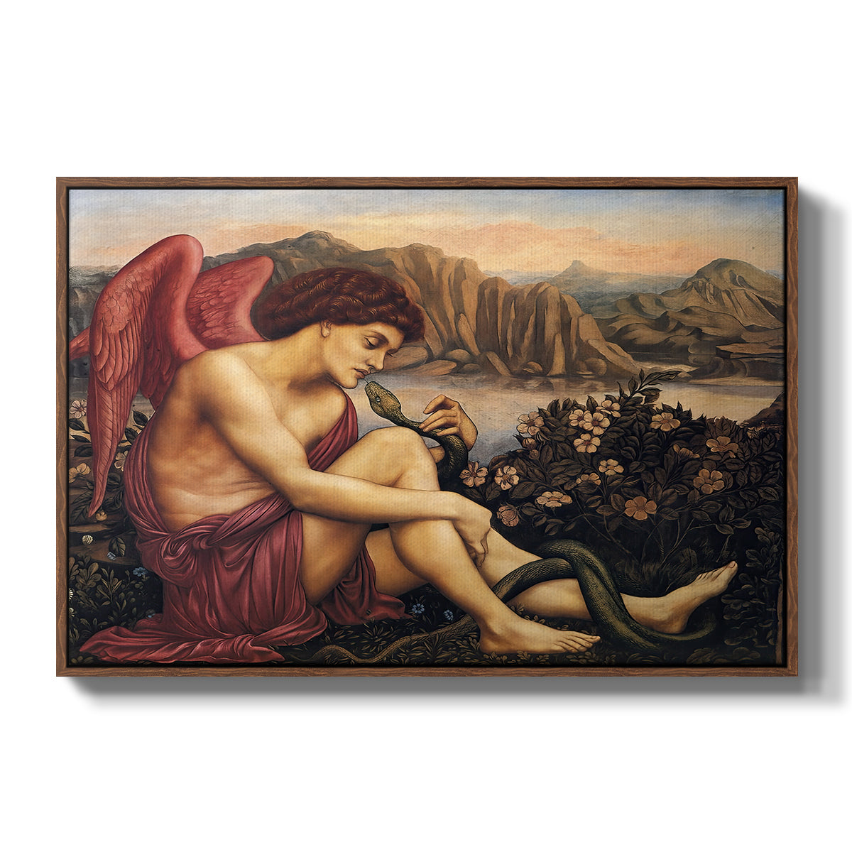 The Angel with the Serpent, c. 1870-1875 by Evelyn De Morgan in a walnut floater framed canvas wall art display.