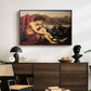 The Angel with the Serpent, c. 1870-1875 by Evelyn De Morgan displayed in a walnut floater framed canvas above a dark wood credenza in an entryway.