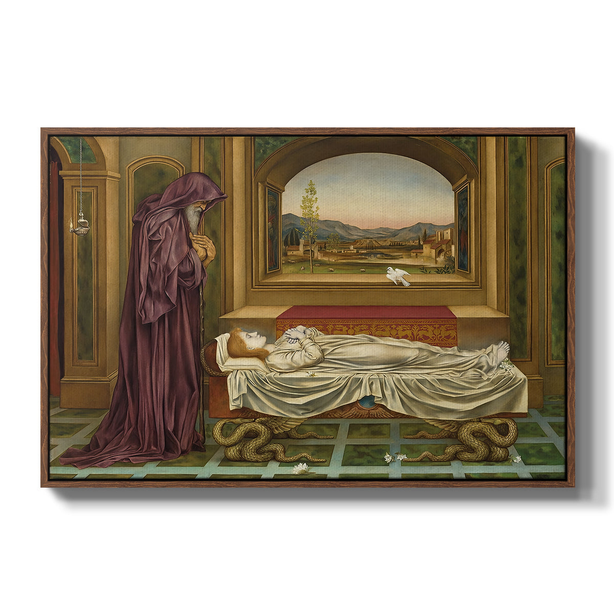 The Wandering Jew: Whom the Gods Love Die Young, 1888 by Evelyn De Morgan in a walnut floater framed canvas wall art display.